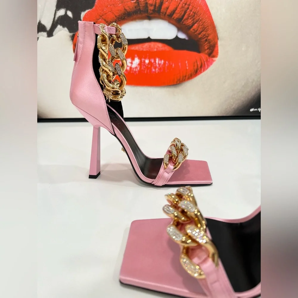 VERSACE Charm Crystal Chain High-Heel Sandals in PInk IT39/US9